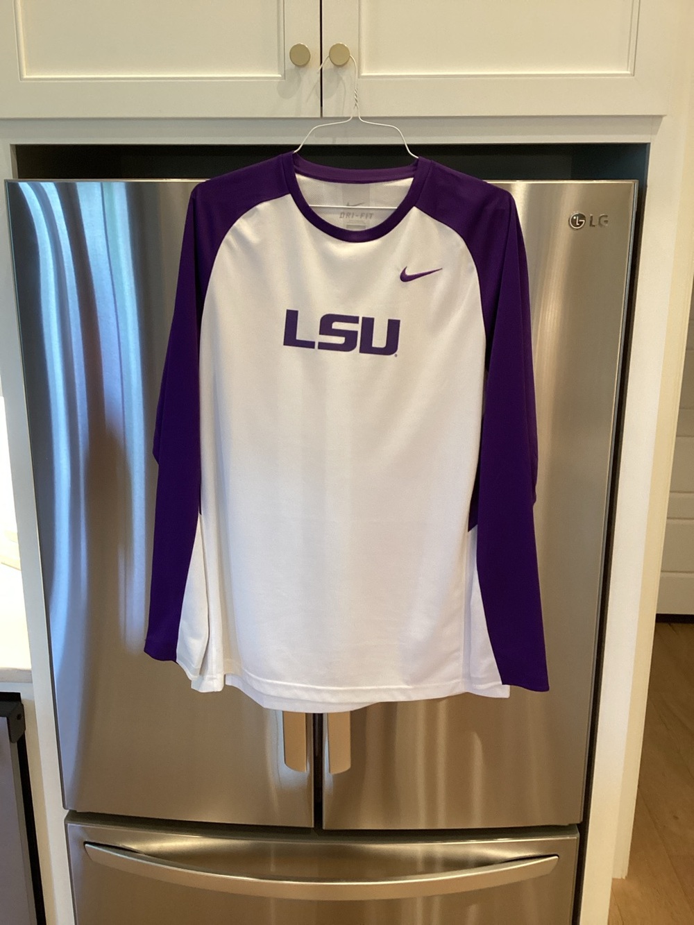 Nike White and Purple LSU Long-Sleeve Raglan Performance Tee
